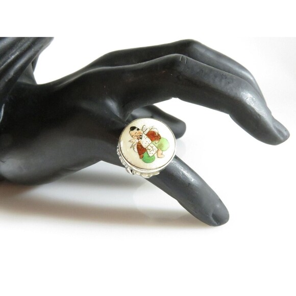 Japanese Satsuma Deity God of Fortune Hand Painted Button Ring Sterling - Picture 1 of 9